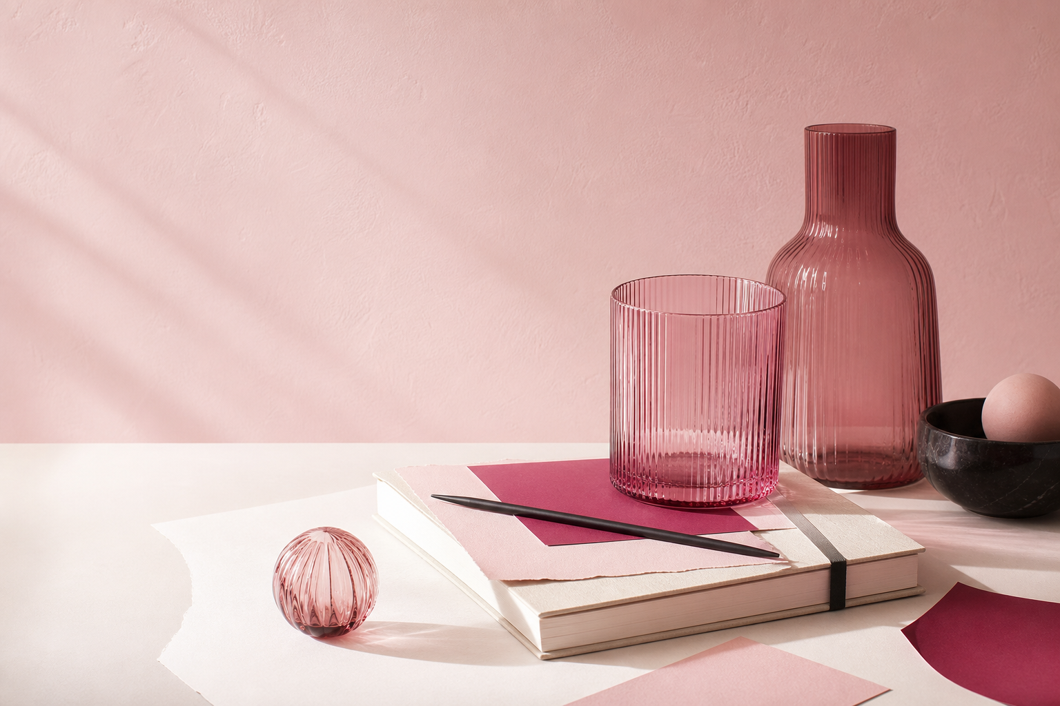 Composición editorial de Glow Agency en tonos rosa y granate